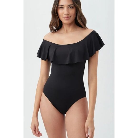 Trina Turk Monaco Off the Shoulder Bandeau One-Piece Swimsuit Black 10 - Picture 1 of 7